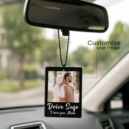 Personalized Car Hanger with Photo & Text – 3x2.5 inch Black Acrylic Tag